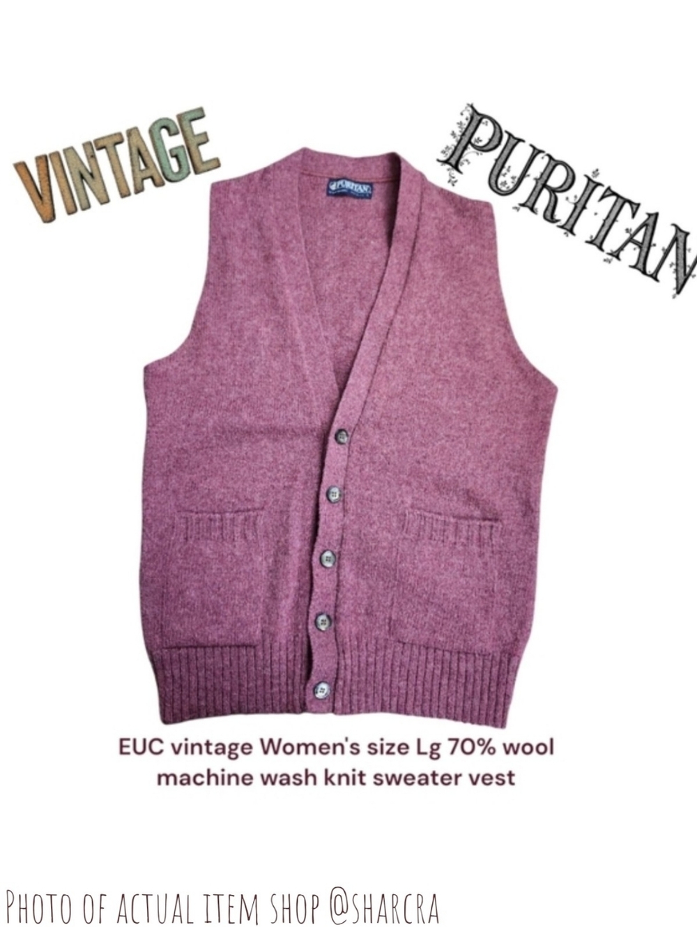 Vintage Puritan Women's Wool Blend Button Down Sweater Vest Heathered Maroon S M